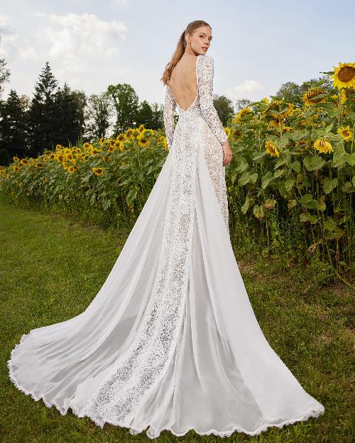Lp2218 open back boho wedding dress with lace sleeves and v neckline1